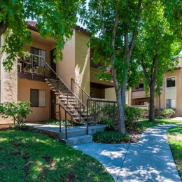 a walkway and trees y apartment buildings