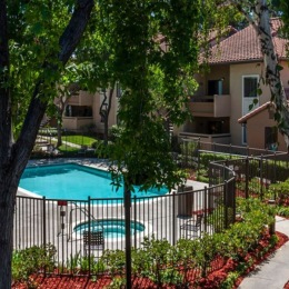 a pool in a courtyard