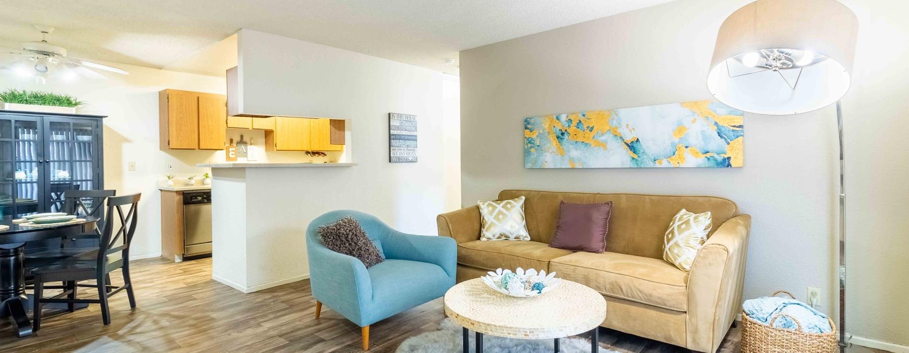 a living room with a couch and a table
